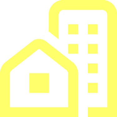 Icône maison et immeuble jaunes symbolisant des logements spacieux et tout équipés.