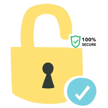 100% SECURE" in black font. A light blue circle with a white checkmark is positioned below the padlo