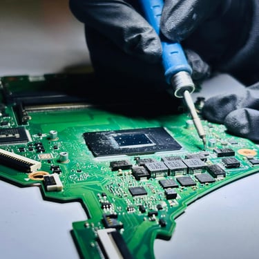 Un técnico con guantes negros utiliza una herramienta de precisión para reparar y soldar placas base