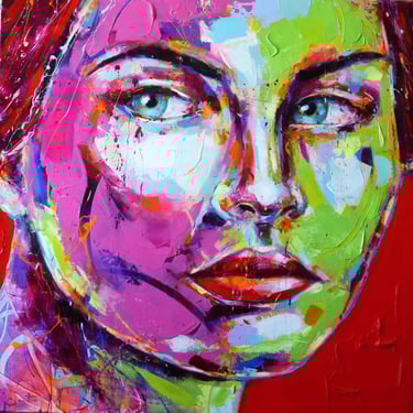a painting of a woman's face with a red background