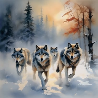 Wolf pack in winter, artwork by Philip Preston.