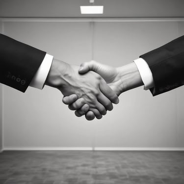 People walk past a large, grey stone wall featuring a prominent red and white logo of a financial institution. The scene captures individuals in business attire, some holding umbrellas or wearing headphones.