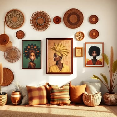 Afro-Bohemian gallery wall with woven African baskets, tribal-inspired artwork, Afro-Bohemian portra