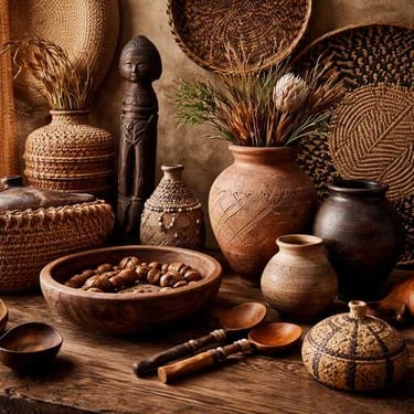 Afro Bohemian Decor with Handmade Pottery, Wooden Bowls & Woven Artisan Baskets