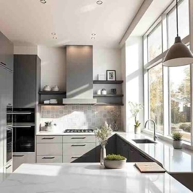 Modern kitchen with sleek cabinets, quartz countertops, and natural light.