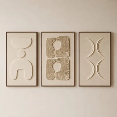 Large 3D Textured Wall Art Set of 3 | Neutral Beige Wall Decor for Modern Organic Living Room. Eftelt Home Decoration