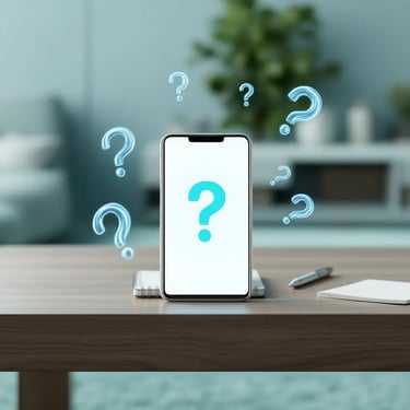Image d'un smartphone sur un bureau affichant un écran d'appel entrant, entouré de points d'interrogation, symbolisant l'acce