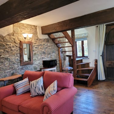 Living area and stairs, Self catering cottage. Cefn Gorwydd.