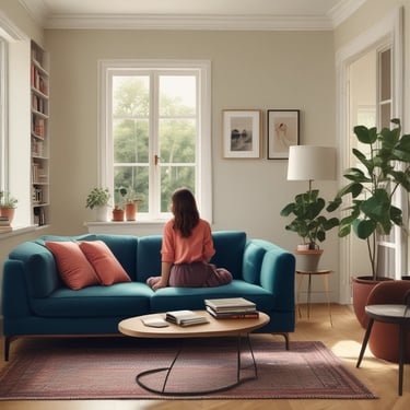 A happy customer standing in her beautifully designed living room.