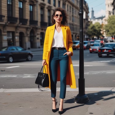 A happy woman wearing colorful outfits, showcasing her style.