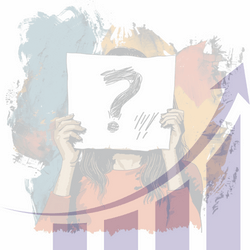 Upward graph with a colourful image of a woman holding a sign with a question mark before her face