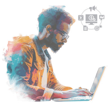 Colourful image of a man using a laptop with the advertising logo in the corner