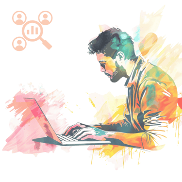 Colourful image of a man using a laptop with the competitor analysis logo in the corner