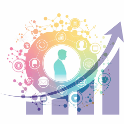 Graphic of an upward graph with an ideal customer in the background