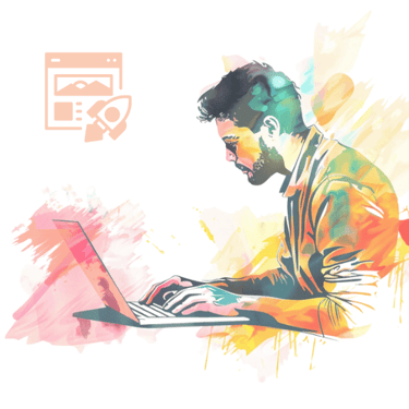 Colourful image of a man using a laptop with the landing page logo in the corner