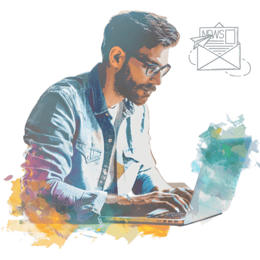 Colourful image of a man using a laptop with the newsletter logo in the corner