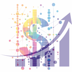Colourful graphic of an upward graph with a dollar sign in the background