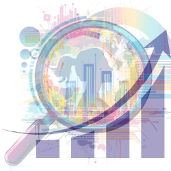 grpahic of an upward graph with a customer in a magnifying lens in the background