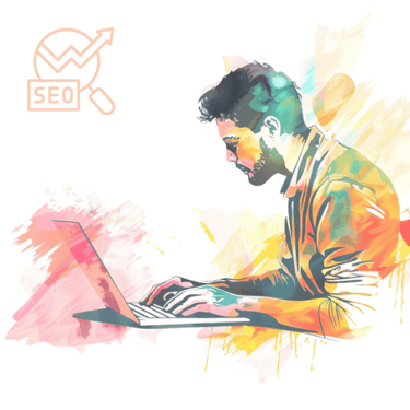 Colourful image of a man using a laptop with the SEO logo in the corner