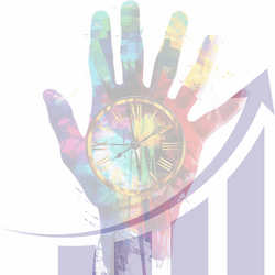 Upward graph with a colourful image of a hand holding a clockface in its palm