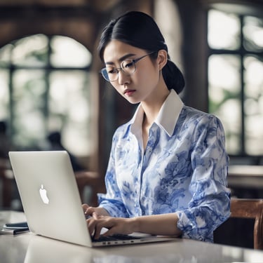 a woman in glasses and a blue shirt is sitting at a table