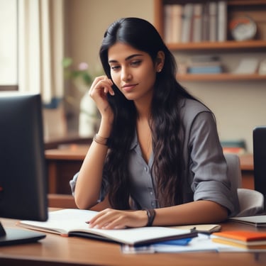 A smiling young woman sitting at a desk with books and a laptop.