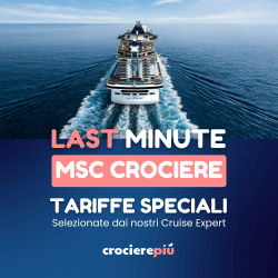 Banner CrocierePiù con nave da crociera in mare e testo “Last Minute MSC Crociere – Tariffe speciali