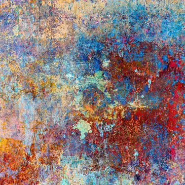abstract image Rubigo I with splashes of various colours including reds, oranges and blues