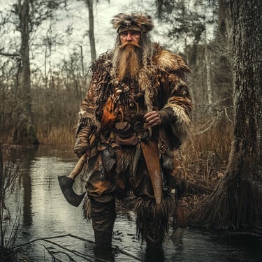 wild savage trapper hunter survivor mystery swamp field meadow marsh fur axe knife skin coat beard