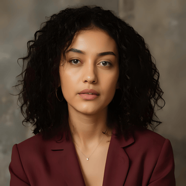 A portrait of a woman with black hair wearing a red blazer.