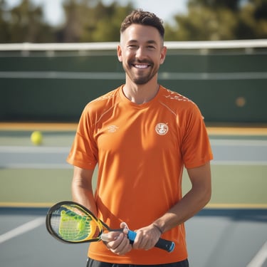A person wearing a blue sweatshirt holds a blue pickleball paddle and a yellow pickleball. The setting is an outdoor court with a few additional yellow pickleballs lying on the ground. The court surface appears to be made of clay.