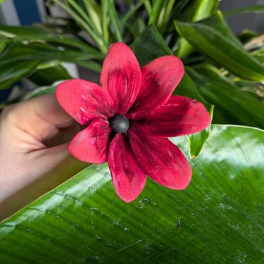 Fleur de frangipanier rouge intense avec perle grise, création unique par Marion Guizzardi, artiste et créatrice, Montpellier