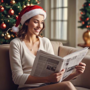 a woman in a santa hat is reading a newspaper