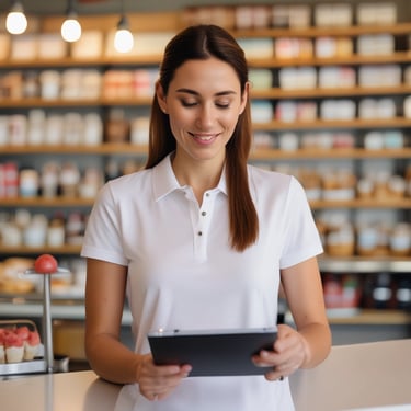 a man in a polo shirt is holding a tablet computer