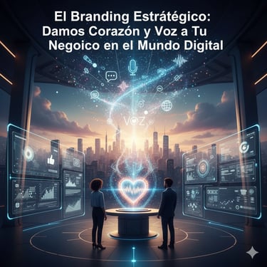 Two professionals stand in a modern office, observing a holographic display with a glowing heart, digital icons, and data vis