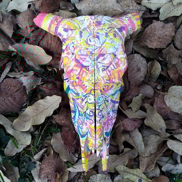 peinture aux couleurs vives sur un crane  sur un lit de feuilles mortes