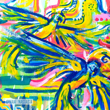 peinture aux couleurs vives entre abstrait et concret, avec fleurs cascade et perroquets