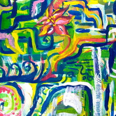 peinture aux couleurs vives entre abstrait et concret, avec fleurs cascade et perroquets
