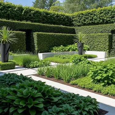 jardín moderno ordenado con setos perfectos