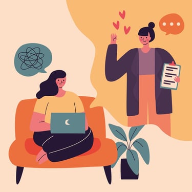 Mujer sentada con un portatil conectada online con psicólogaa
