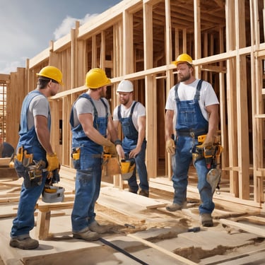 seven construction workers standing on white field