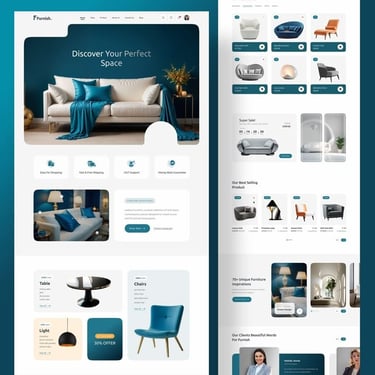 Modern e-commerce furniture website design layout featuring sofas, lighting, and home decor products.