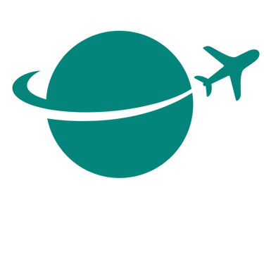 Icon of a green plane, dashing across and slicing a green circle representing the Earth.