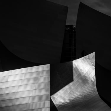 B&W image 2 organic and geometric shapes made of layered steal, with a dark background.  