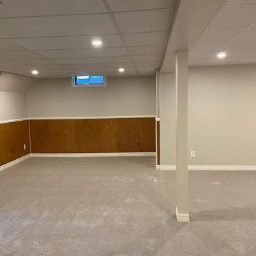 Harmony55 plush carpet installed wall-to-wall in basement of London Ontario home, high-quality soft flooring with durable bac