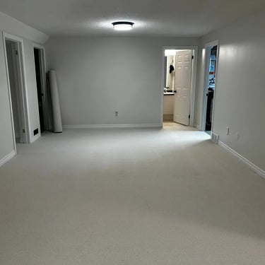 Ace beige low pile berber carpet installed wall-to-wall in basement living room of London Ontario home, durable and affordabl