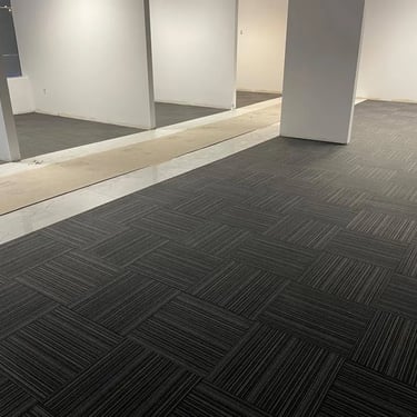 Stave commercial carpet tile installed wall-to-wall in office space in Tillsonburg Ontario, durable and professional flooring