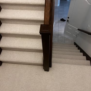 White berber carpet installed on staircase with wall to wall finish in Byron London Ontario