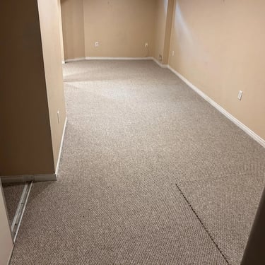 Alt Text: Beige berber carpet installed wall to wall in basement of residential home in London Ontario
