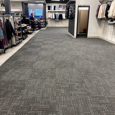 Commercial carpet tile installed in retail store Mark’s in Fort Erie Ontario, durable flooring solution